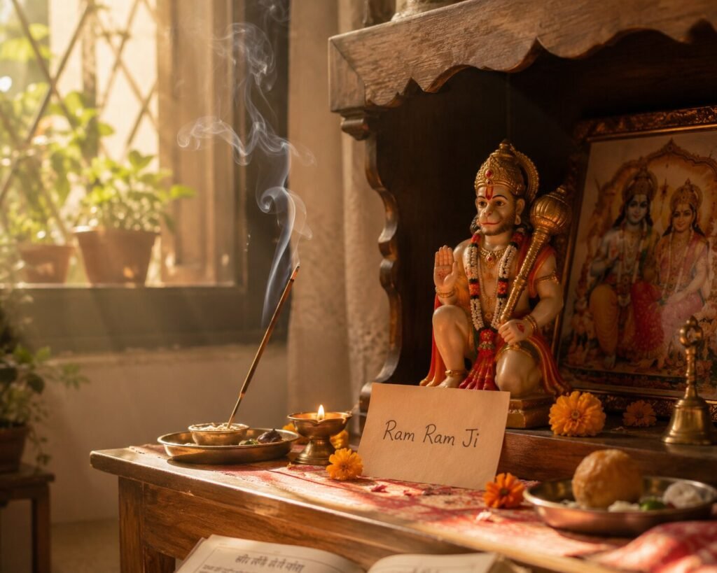 Home altar with Hanuman idol and Ram Ram Ji, daily practice of Hanuman Chalisa meaning