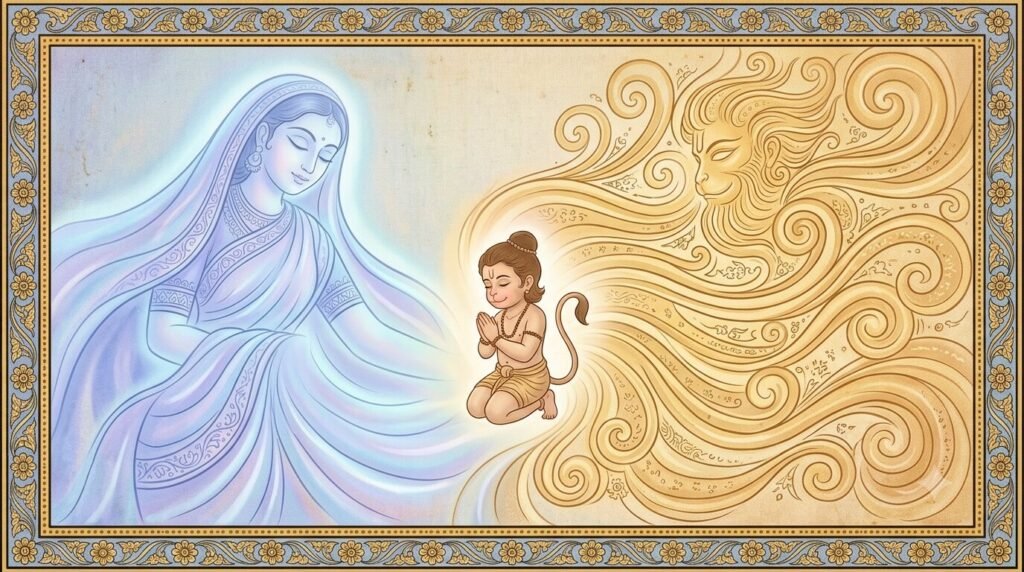 Illustration symbolizing Hanuman's divine parentage — Anjani and Pawan Dev, the wind god
