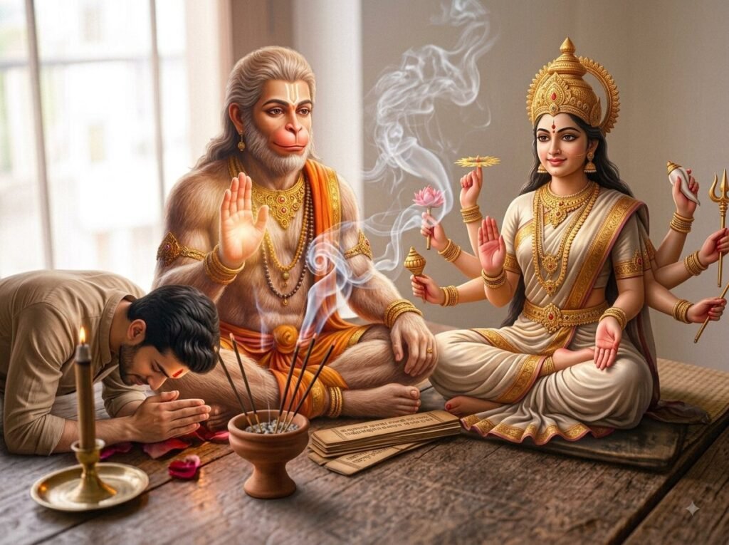 Illustration showing kumati being removed by Hanuman’s grace, sumati entering the mind