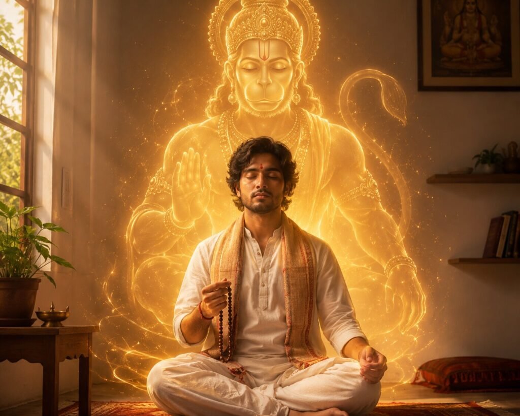 Meditating on Kanchan Baran Biraj Subesa, Hanuman’s golden form embracing a devotee, Ram Ram Mantra chanting
