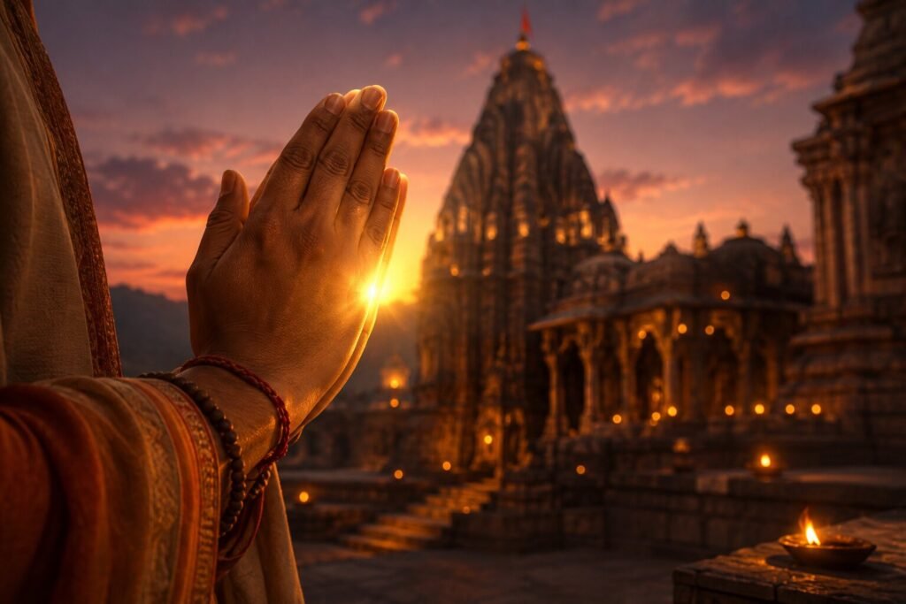 A devotee in prayer reflecting the humility of Tulsidas in the opening Doha of Hanuman Chalisa