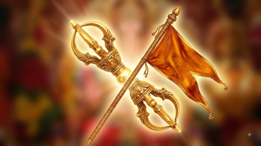 The vajra mace and dhwaja flag symbolizing unbreakable strength and devotion in the Hanuman Chalisa 5th chaupai.