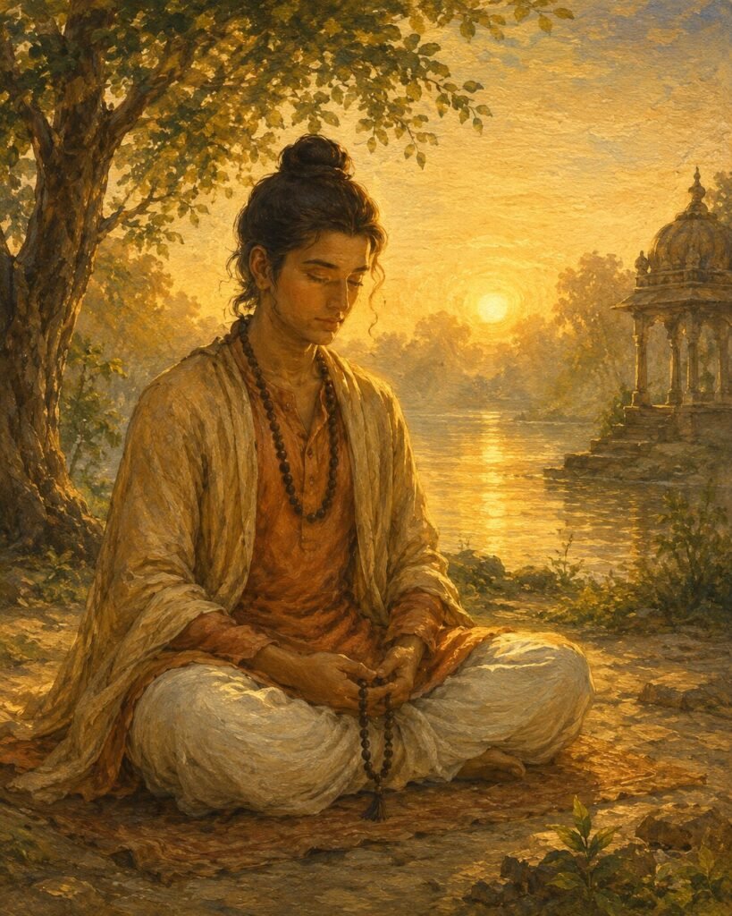 Person practicing Ram Ram meditation at dawn with a rudraksha mala