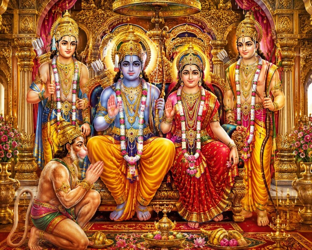 Ram Darbar picture with Rama, Sita, Lakshmana, and Hanuman in ornate temple