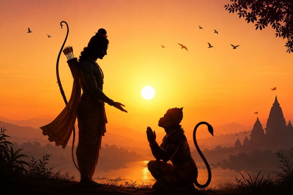 Minimalist shriram new images silhouette with Hanuman and sunrise background