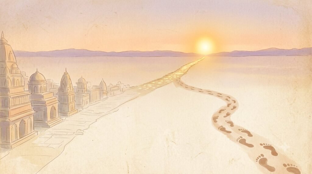 Two paths converging into one light, symbolizing Ram Rajya's teachings meeting Ram Ram meditation practice