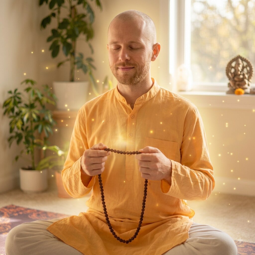 A devotee experiencing the calming Ram Ram chanting health benefits during quiet meditation.