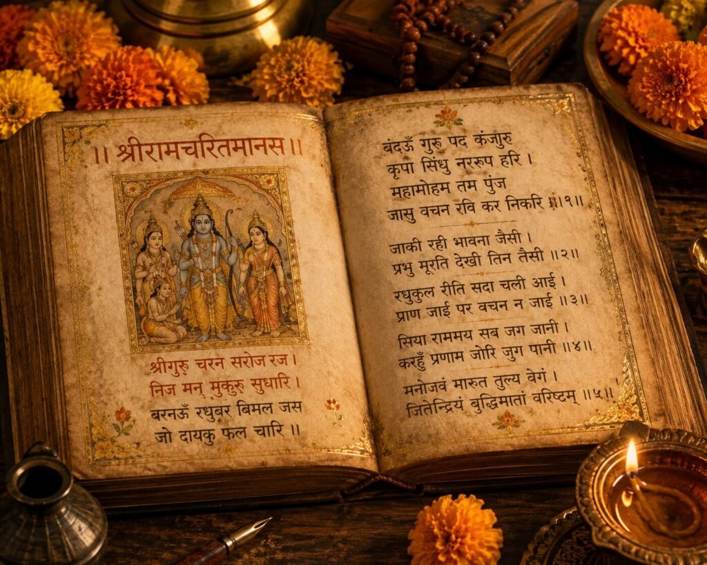 Ancient Sanskrit manuscript of Hanuman Chalisa's opening Doha composed by Tulsidas