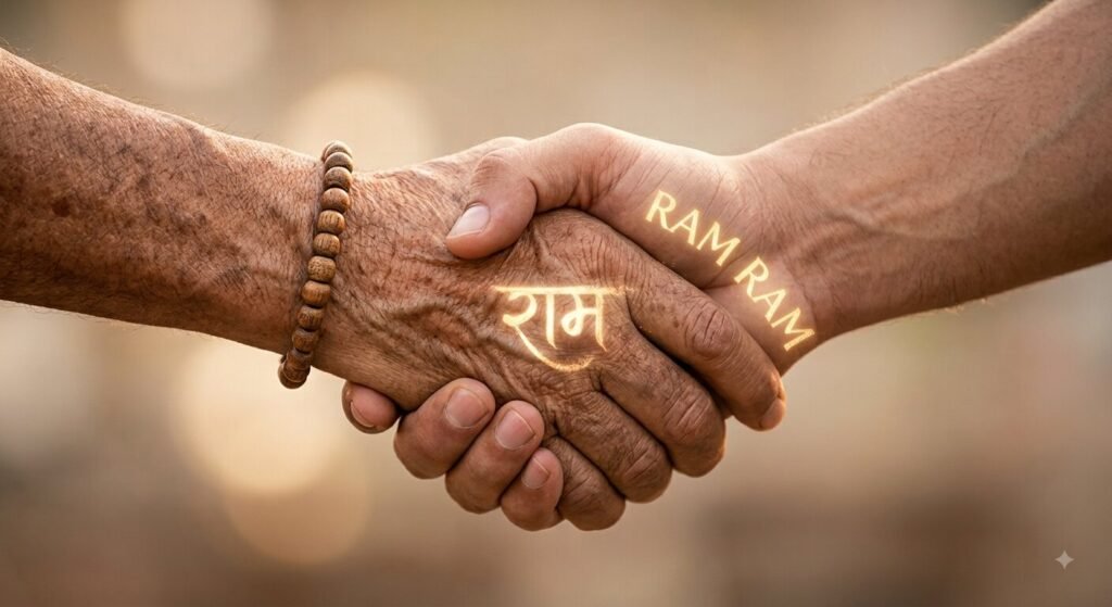 Raghukul Reet Sada Chali Aayi – hands sealing a promise with Ram Ram mantra, Ramcharitmanas famous chaupai on truth.