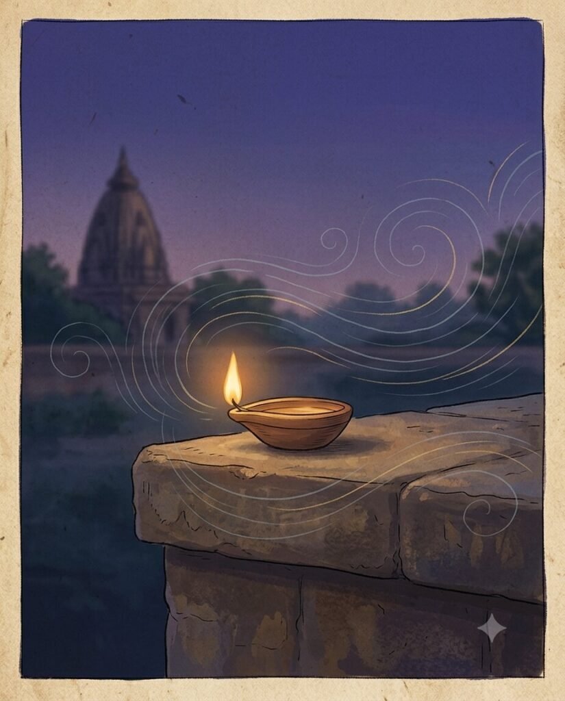 A steady diya flame symbolizing equanimity, illustrating Ram Rajya's teaching on inner steadiness
